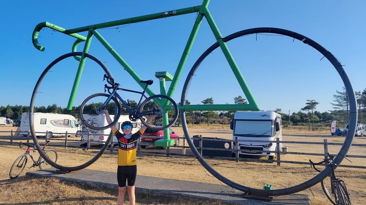 Gildas Davies from Carmarthenshire has completed a phenomenal cycling achievement by fundraising for three charities close to his heart. Credit: Amy Davies.
