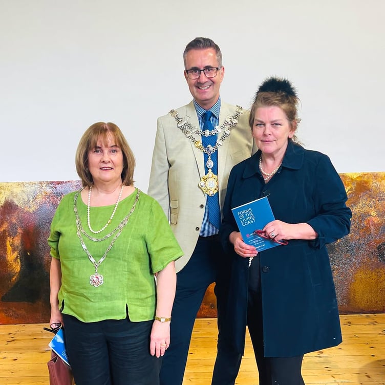 Mayor of Pembroke Cllr Jonathan Grimes with Deputy Mayor Cllr Deborah Willcocks and Welsh sculptor Isobel Kidd, at the opening of her new gallery in Pembroke