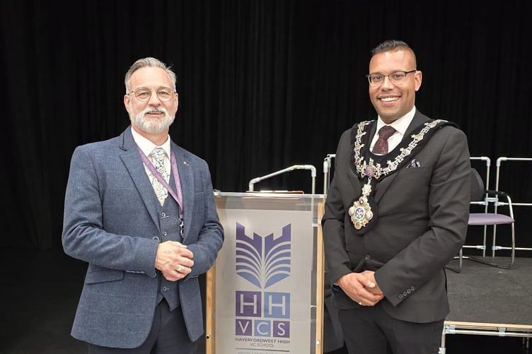 Haverfordwest High’s headmaster, Jonathan Davies, with the town’s mayor Randell Thomas-Tuner