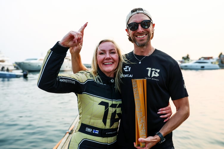 LUANDA, ANGOLA - SEPTEMBER 13: Race winners Emma Kimilainen of Finland and Team Brady and Sam Coleman of Great Britain and Team Brady celebrate on the dock during the E1 Series Luanda GP on September 13, 2026 in Luanda, Angola. (Photo by Joe Portlock/Getty Images)