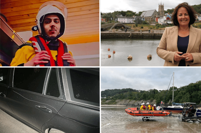 Clockwise from top left: New Quay RNLI volunteer Ben McDonald, Cllr Elizabeth Evans, New Quay RNLI's Will Morgan lifeboat, and Ben's scratched car. Photos: RNLI, Welsh Lib Dems and GoFundMe