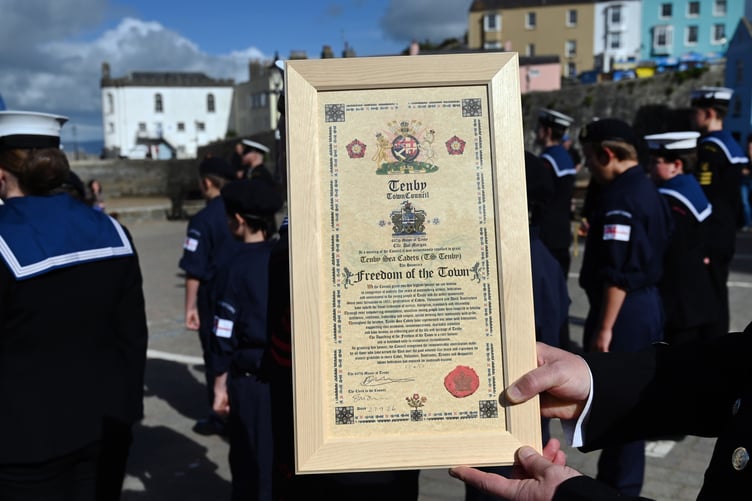 The Mayor of Tenby presented Tenby Sea Cadets with the Freedom of the Town — the greatest honour that Tenby can bestow in recognition of outstanding and distinguished service to the Town and people of Tenby.