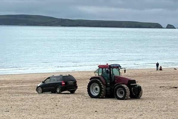 A vehicle became stuck on South Beach in Tenby on Sunday morning