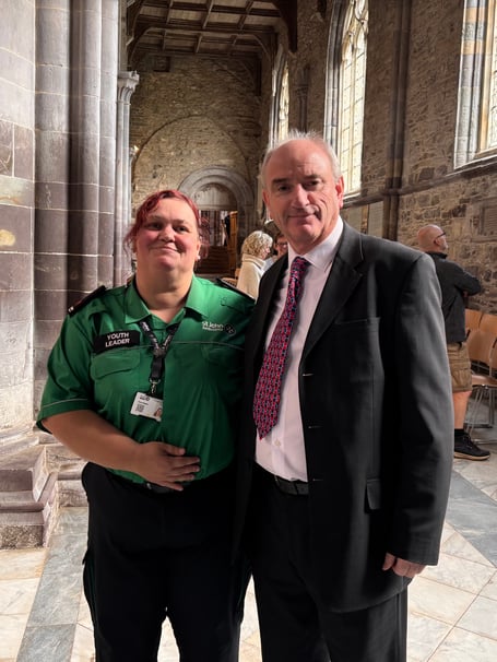 Cllr Thomas Tudor with St John Ambulance Cymru Youth Leader Mona Skipper at St Davids Cathedral