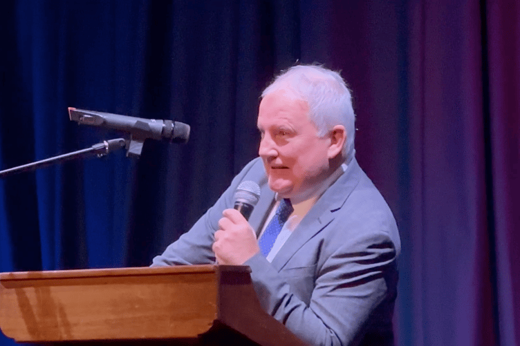 Mick O’Reilly, editor of the Cambrian News and Tenby Observer newspapers, on stage at the De Valence during Tenby Observer Community Kindness Awards 2026