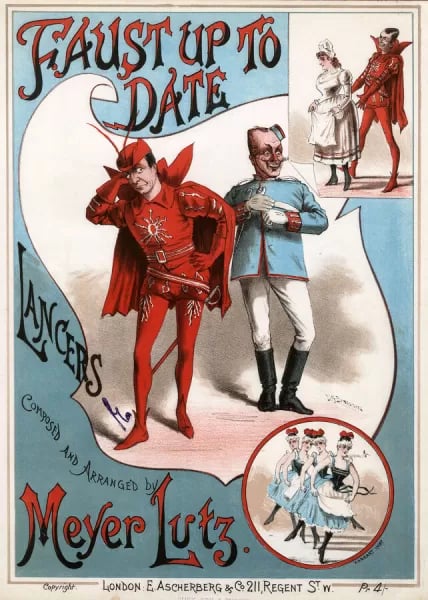 Tenby-born actor George Stone (in blue) featured on the poster for the Gaiety Theatre production of Faust Up To Date in 1888