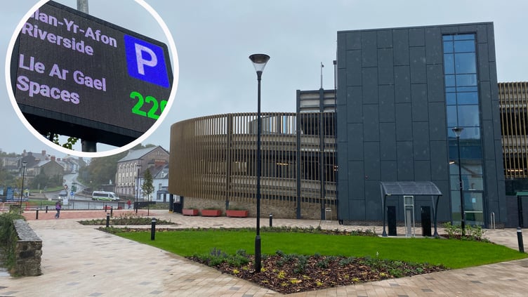Planted area in front of Haverfordwest Public Transport Interchange, with inset of roadside electronic spaces indicator