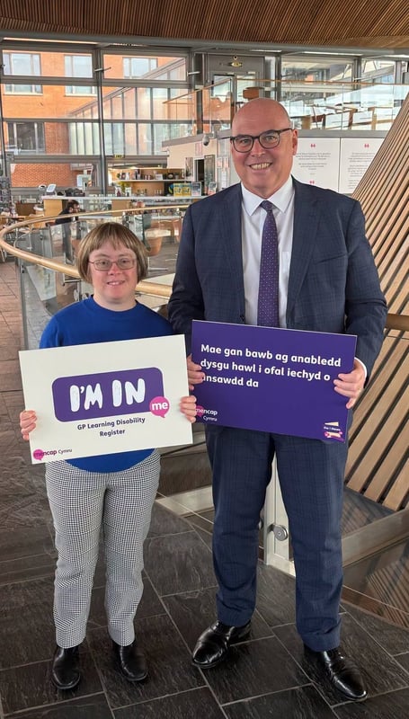 Paul Davies MS in Senedd public area with Mencap representative