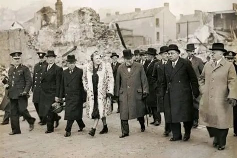 Winston Churchill and party inspect the bomb damage in Swansea on their way to Whitland and Cardigan.