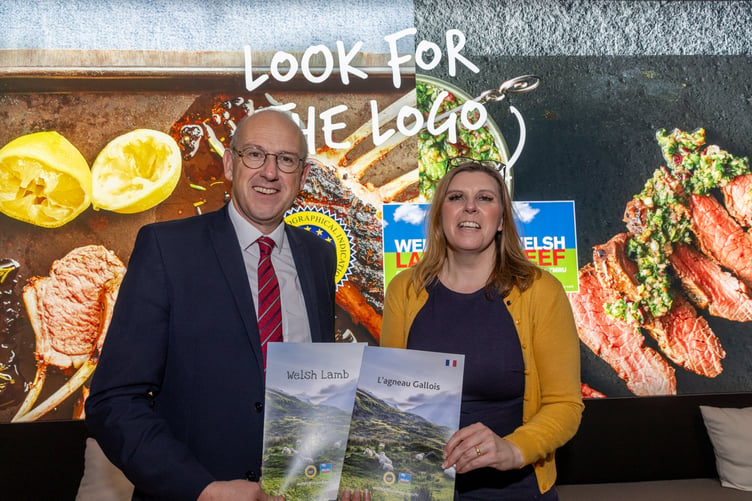 Cabinet Minister Llyr Gruffydd and Hybu Cig Cymru Chair Catherine Smith at SIAL