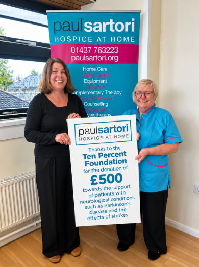 Judith Williams Grant Development Officer and Kim Briggs Hospice at Home Service Lead at Paul Sartori Hospice at Home acknowledging the cheque given by the Ten Percent Foundation.
