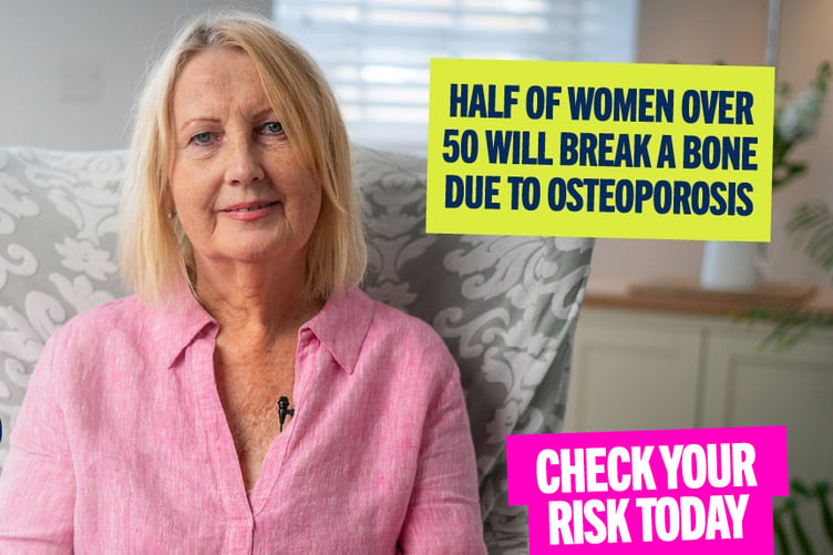 Poster showing mature lady and captions stating: Are you in the 1 in 2? Half of women over 50 will break a bone due to oesteoporosis. Check your risk today