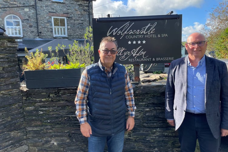 Paul Davies MS at the Wolfscastle with Andy Stirling, celebrating 50 years in business